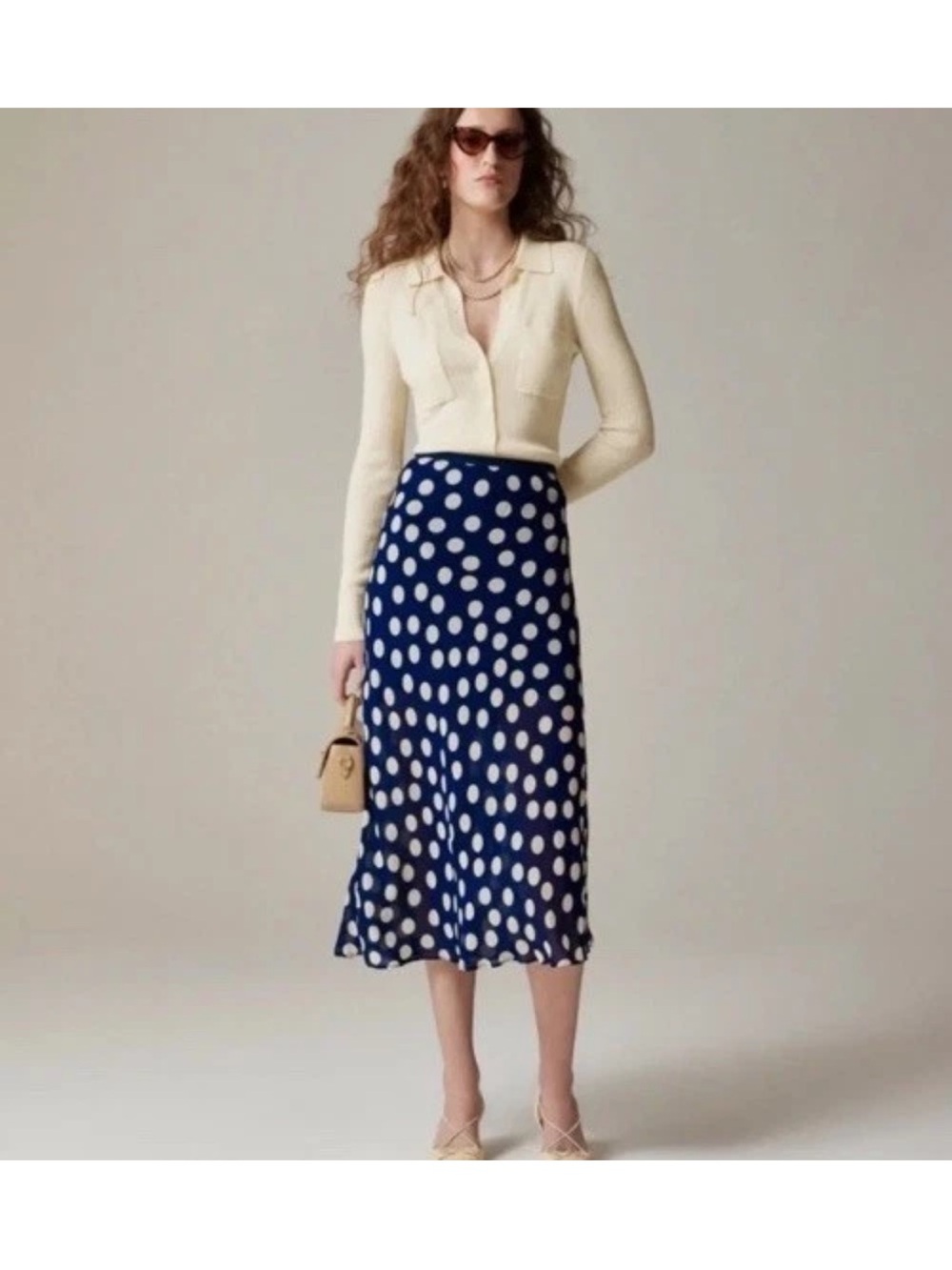 NWT J. Crew Gwenyth Navy and White Polka Dots Midi Slip Skirt XS